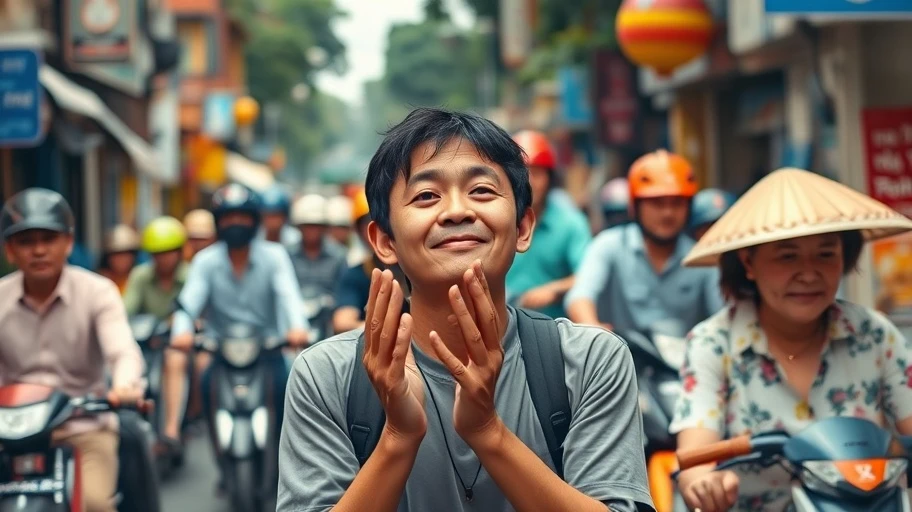 Ảnh người nói cảm ơn giữa đường phố Việt Nam.