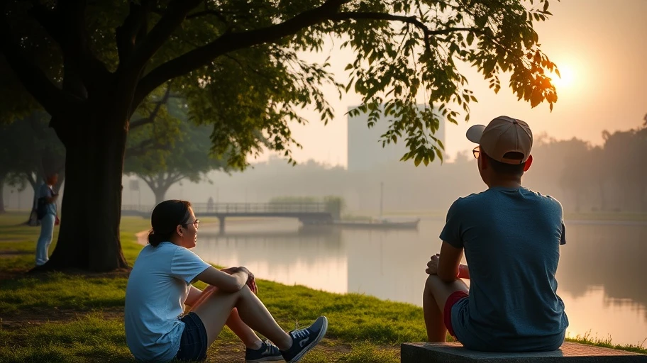 Cảnh công viên buổi sáng tại Việt Nam.