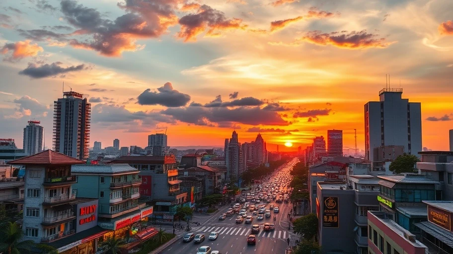 Cảnh thành phố Việt Nam lúc hoàng hôn thể hiện cảm hứng trong xã hội hiện đại
