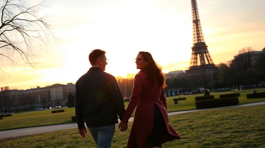 Cặp đôi trong công viên Paris tượng trưng tình yêu