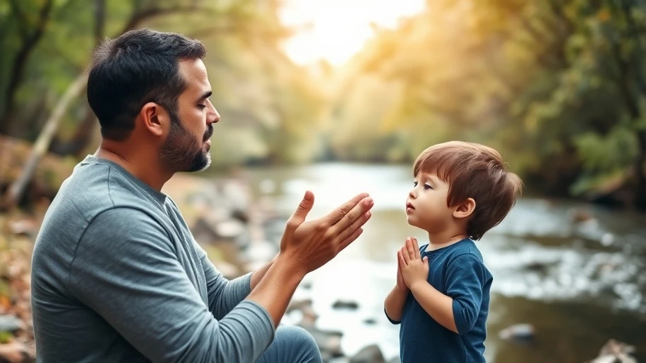 Cha hướng dẫn con thở sâu cạnh dòng sông