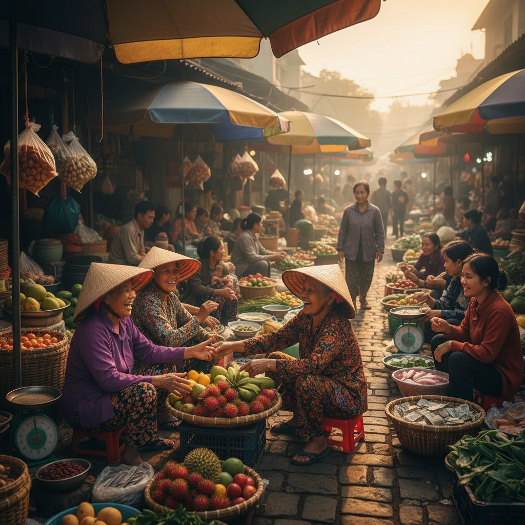 Chợ sôi động với niềm tin trong xã hội và thương mại.