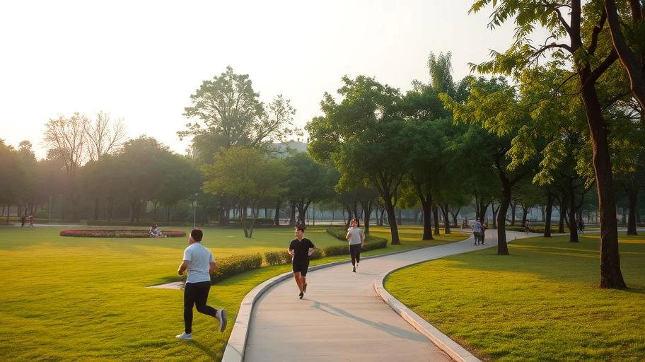 Công viên yên bình với người tập thể dục.