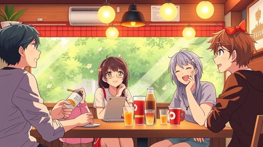 Hình ảnh bạn bè cười đùa trong quán cà phê, tượng trưng cho tình bạn trong anime