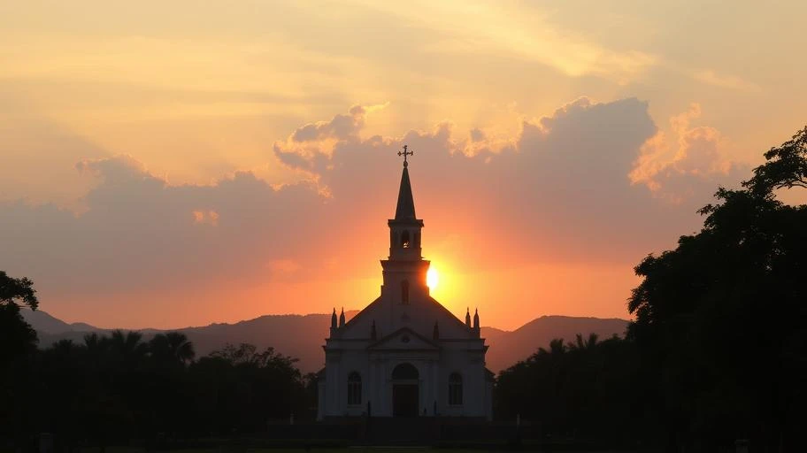 Hình ảnh bình minh tại nhà thờ, biểu tượng cho niềm vui và hòa bình