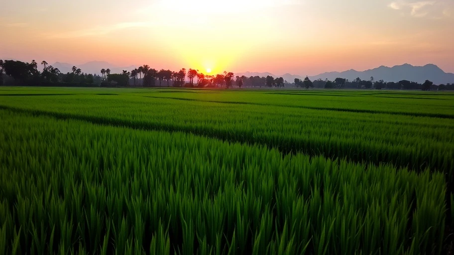 Hình ảnh bình minh tĩnh lặng trên đồng lúa Việt Nam, phát triển bản thân.