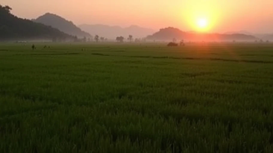 Hình ảnh bình minh yên bình với cảnh vật tự nhiên ở Việt Nam.