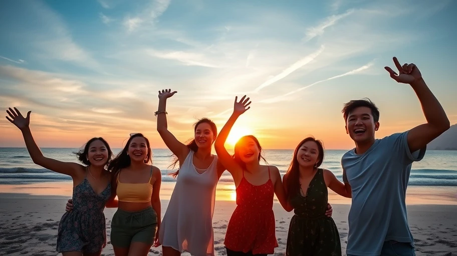 Hình ảnh các bạn trẻ hạnh phúc bên bờ biển