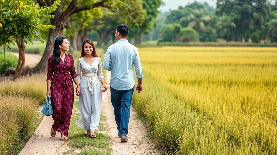 Hình ảnh cặp đôi đi dạo ở nông thôn, trò chuyện chân thành.