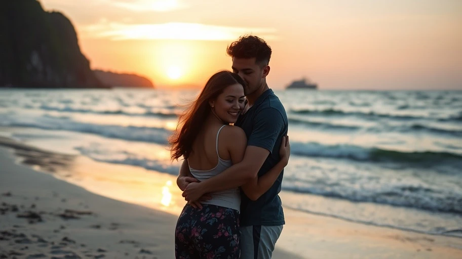 Hình ảnh cặp đôi ôm nhau trên bãi biển lúc hoàng hôn, tôn trọng và hỗ trợ nhau.