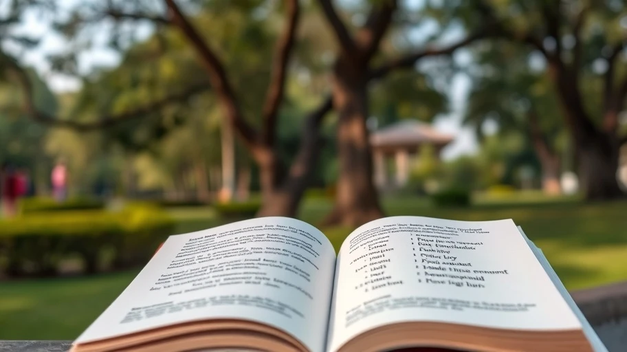 Hình ảnh cuốn sách mở trong công viên với danh ngôn động lực.