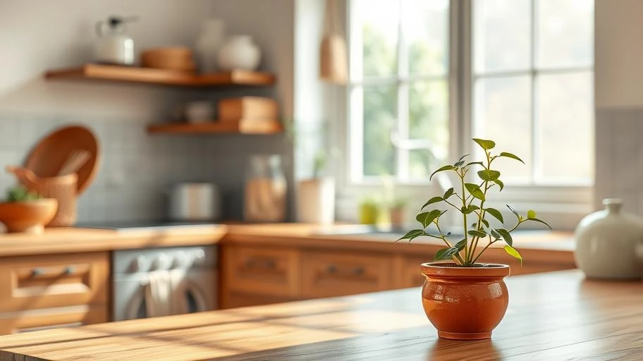 Hình ảnh góc bếp Việt Nam với cây nhỏ, biểu thị niềm tin và phát triển hàng ngày.