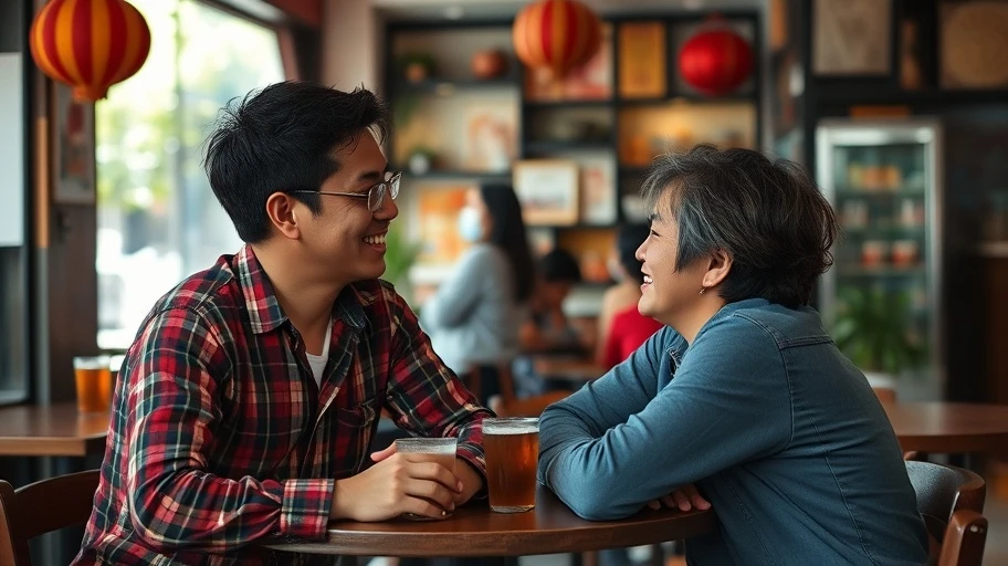 Hình ảnh hai người bạn tại một quán cà phê ở Việt Nam