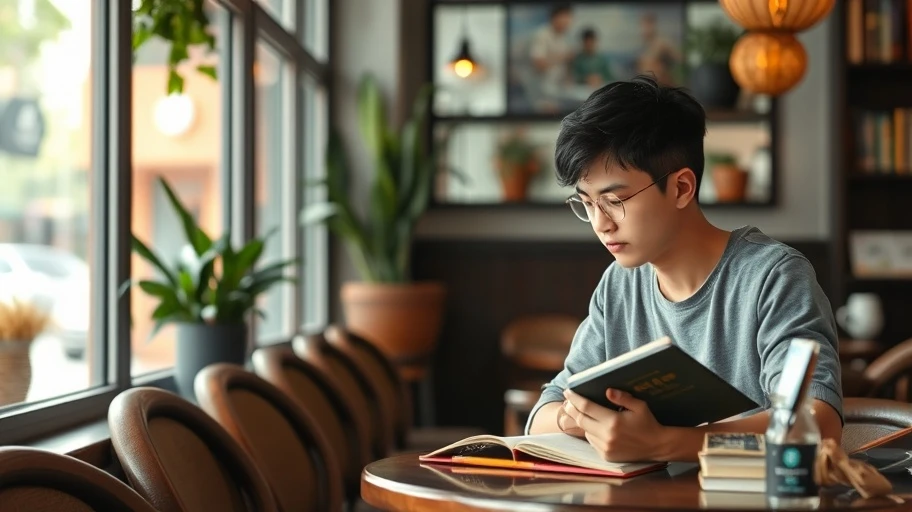 Hình ảnh học tập trong quán cafe nhấn mạnh sự phát triển bản thân
