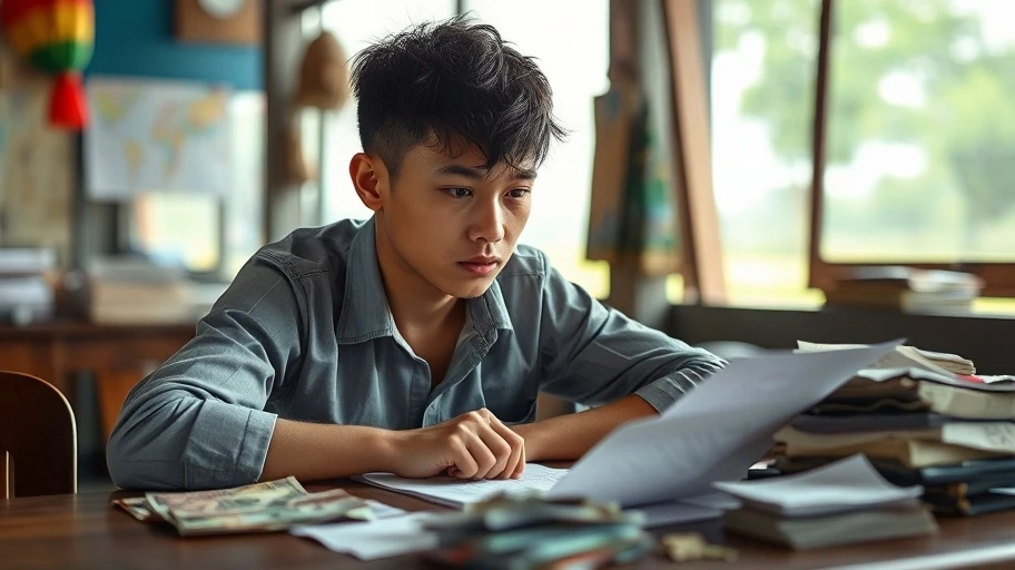 Hình ảnh mô tả một người trẻ tại Việt Nam suy nghĩ về chi tiêu vượt khả năng.