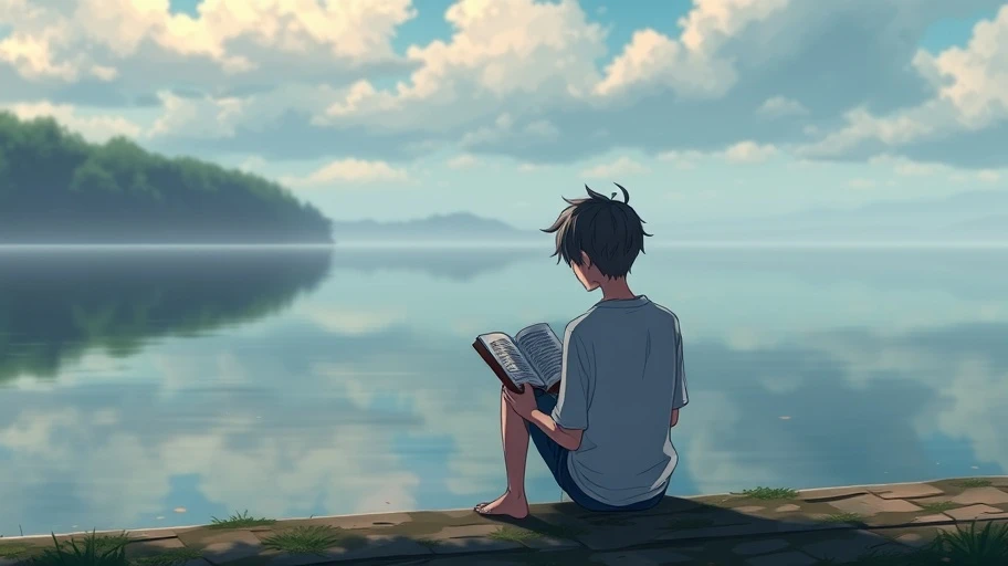 Hình ảnh một người trẻ đọc sách bên hồ, phản ánh sự suy tư từ những câu nói anime