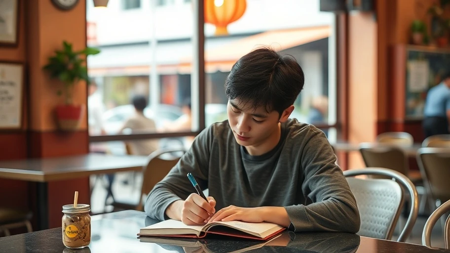 Hình ảnh một người trẻ ghi chú ý tưởng trong quán cà phê