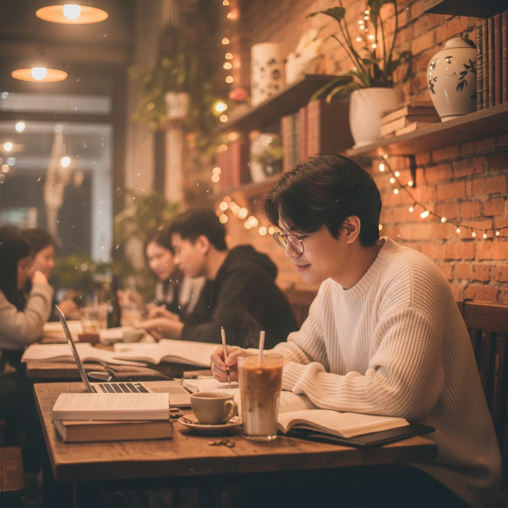 Hình ảnh một người trẻ học tập trong quán cà phê