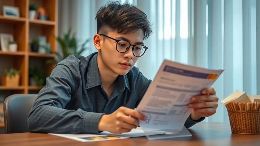 Hình ảnh một người trẻ Việt Nam lo lắng nhìn sao kê thẻ tín dụng.