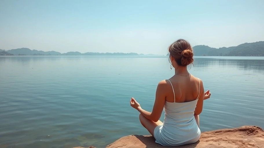 Hình ảnh người ngồi thiền bên hồ nước tại Việt Nam, thể hiện sự bình tĩnh