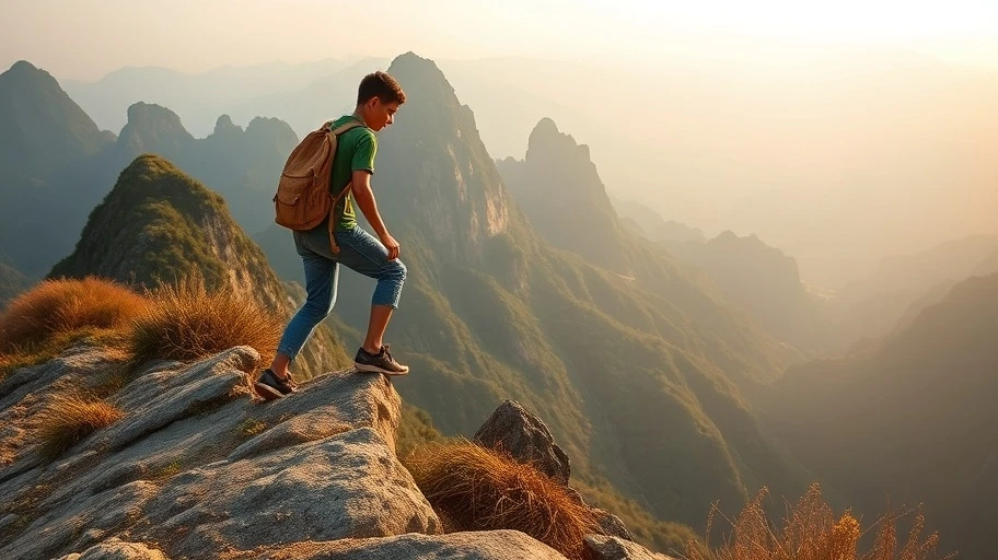 Hình ảnh người trẻ leo núi, biểu tượng cho hành trình vượt qua khó khăn