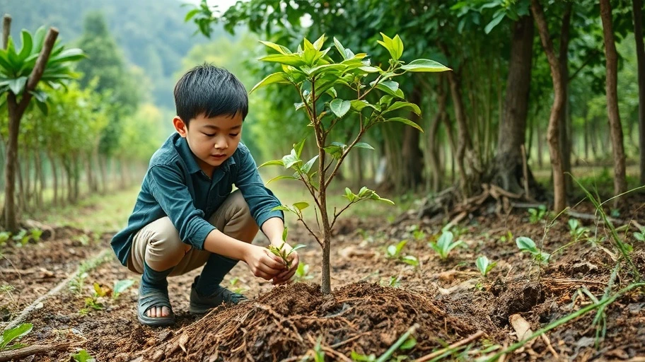 Hình ảnh người trẻ trồng cây, tượng trưng ý chí và sự đổi mới
