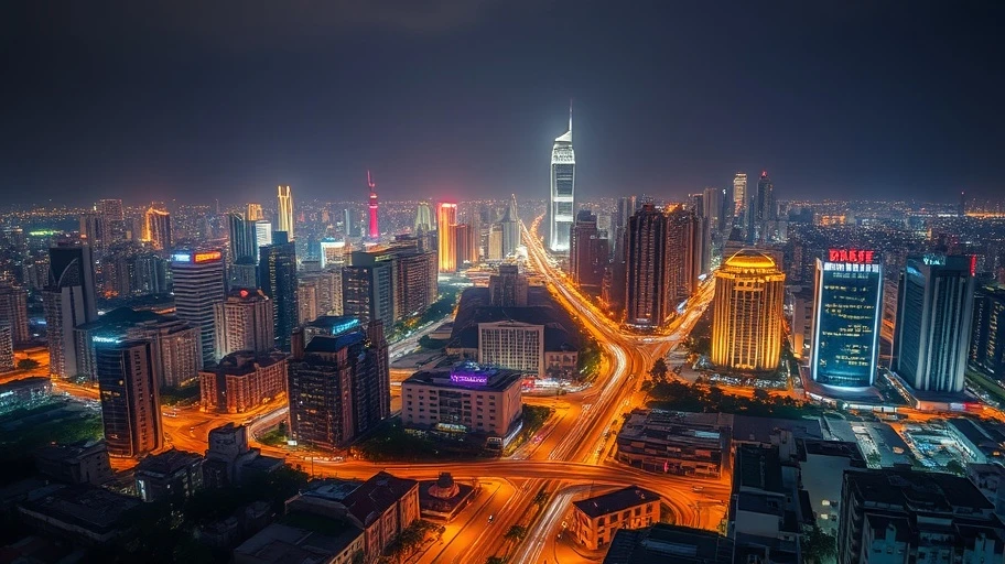 Hình ảnh thành phố Hà Nội rực rỡ ban đêm, khái niệm thành công.