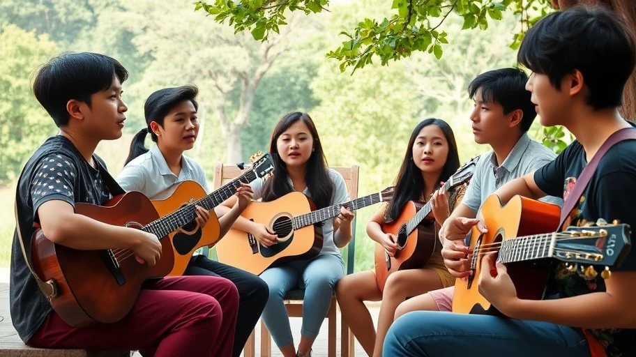 Hình ảnh thế hệ trẻ Việt Nam chơi nhạc cùng nhau.