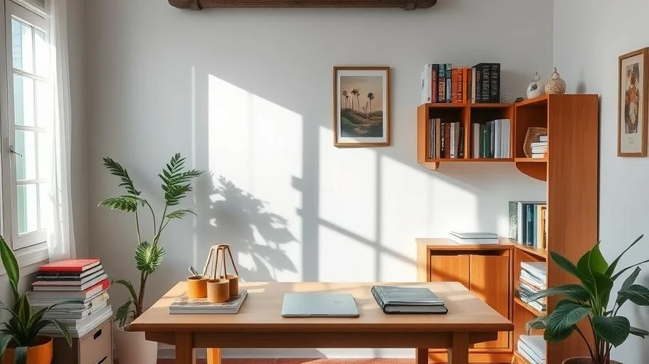 Không gian học tập yên bình với bàn và sách.
