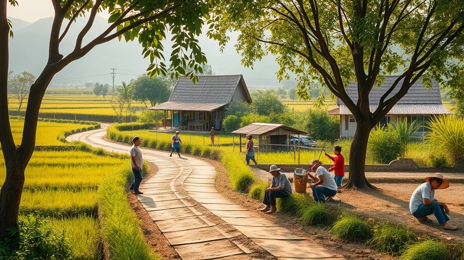 Khung cảnh làng quê Việt Nam yên bình thể hiện hạnh phúc