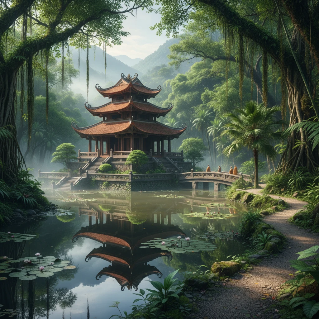 Khung cảnh thiên nhiên thanh bình với ngôi chùa tại Việt Nam.