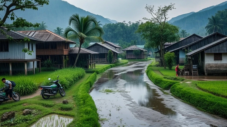 Làng quê Việt Nam thanh bình sau mưa, biểu tượng của sự hồi phục