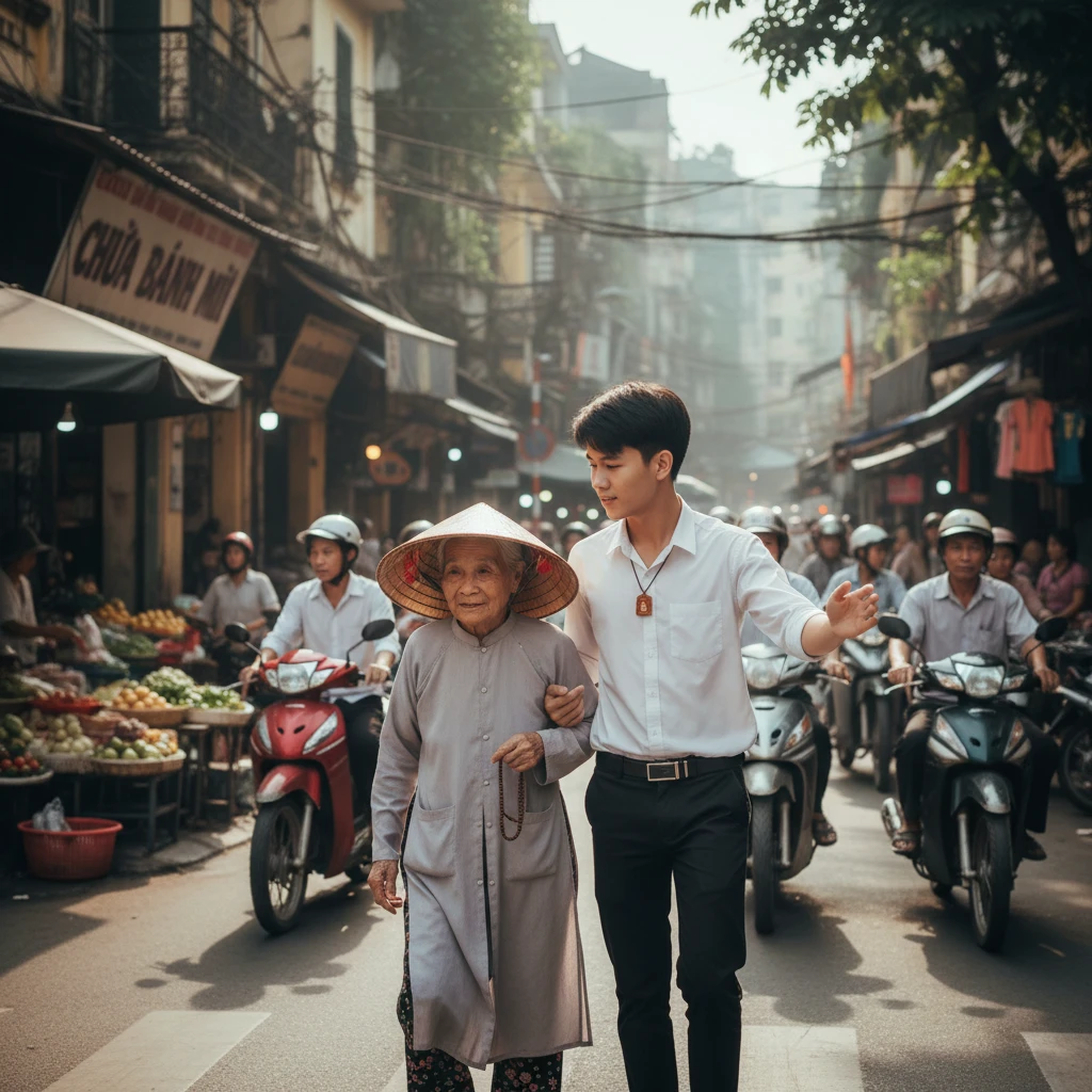 Một bạn trẻ giúp đỡ người lớn tuổi qua đường, minh hoạ mối liên hệ giữa niềm tin và hành động.