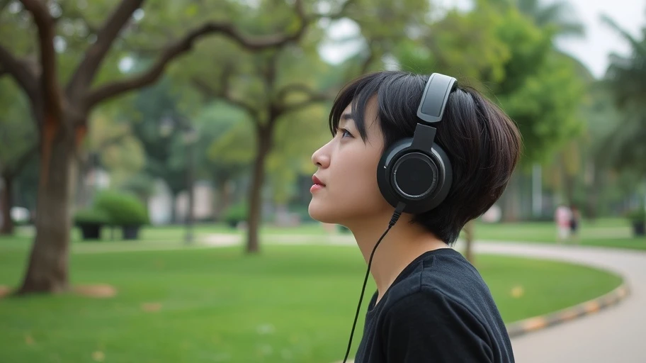 Người nghe nhạc bằng tai nghe trong công viên Việt Nam