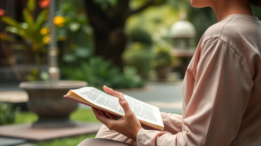 Người thiền định với sách trong vườn Việt Nam