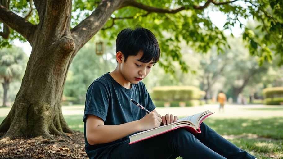 Người trẻ ghi chép dưới tán cây, thực hành động lực sống.