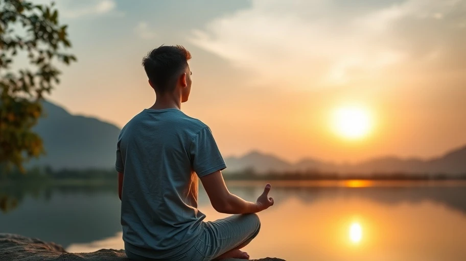 Người trẻ thiền định cạnh hồ lúc hoàng hôn ở Việt Nam