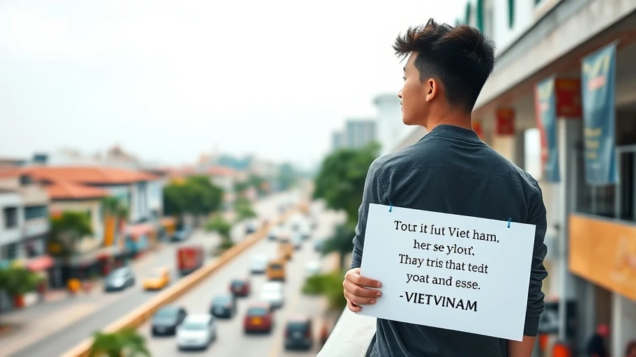 Người trẻ tự tin cầm danh ngôn nhìn xuống đường phố.