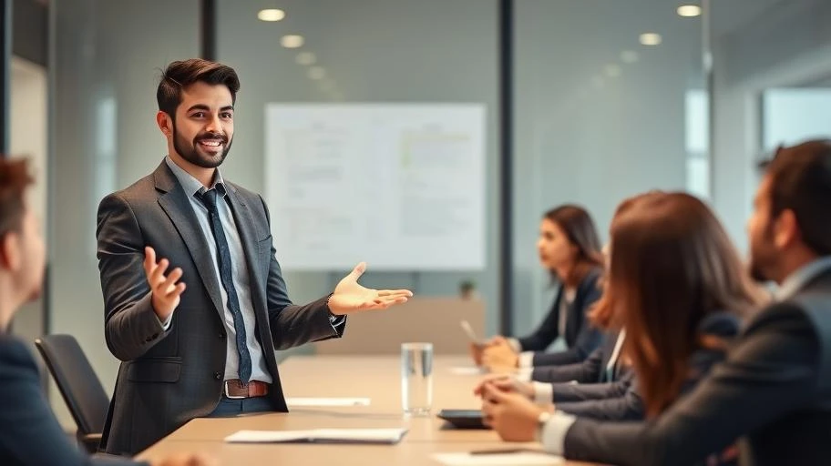 Người trẻ tự tin trình bày trong cuộc họp