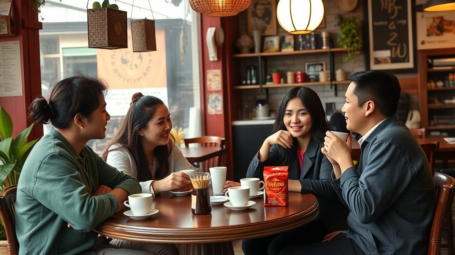 Nhóm bạn tại quán cà phê chia sẻ về cuộc sống.