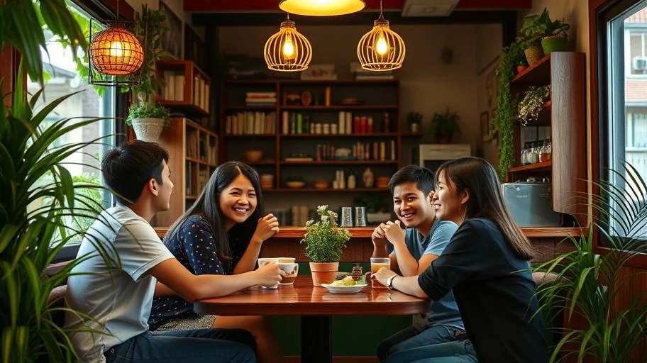 Quán cà phê Việt Nam nhộn nhịp.