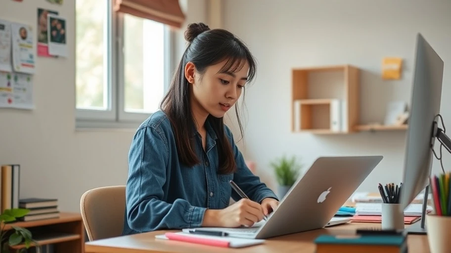 Sinh viên Việt Nam sắp xếp công việc trên bàn