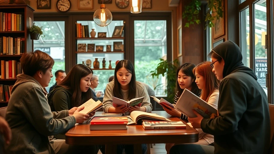 Sinh viên Việt Nam thảo luận sách trong quán cafe