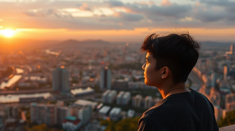Thanh niên nhìn cảnh hoàng hôn thành phố Việt Nam