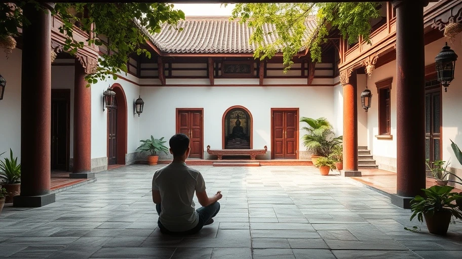 Thiền định trong sân chùa yên bình tại Việt Nam.