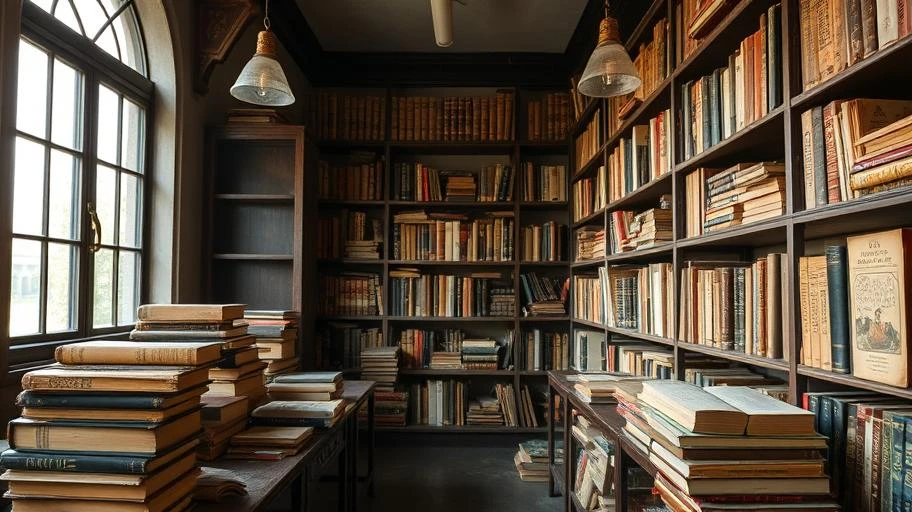 Thư viện với sách cổ đại diện cho trí tuệ.