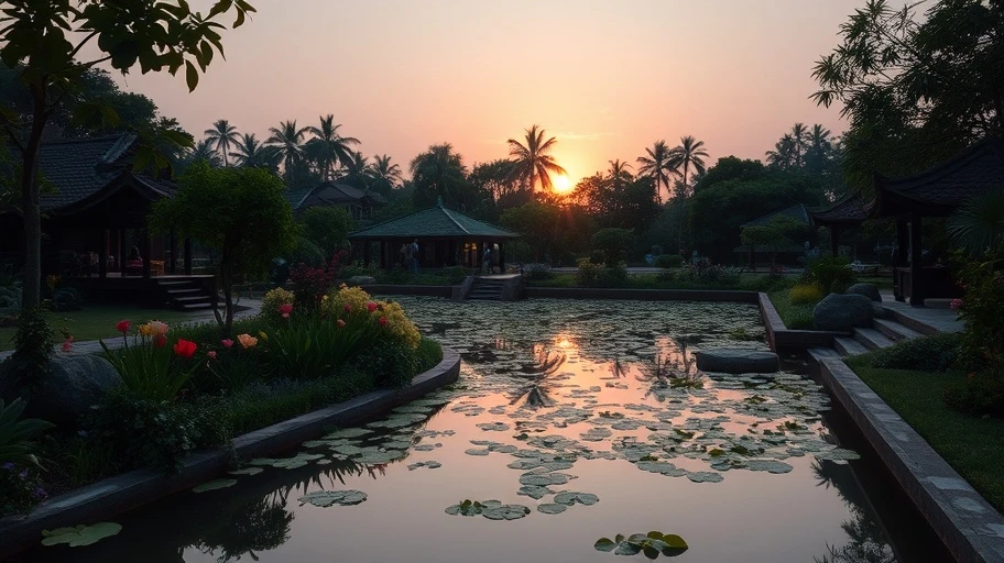 Vườn Việt Nam vào hoàng hôn, biểu tượng cho việc khám phá cảm xúc bên trong.
